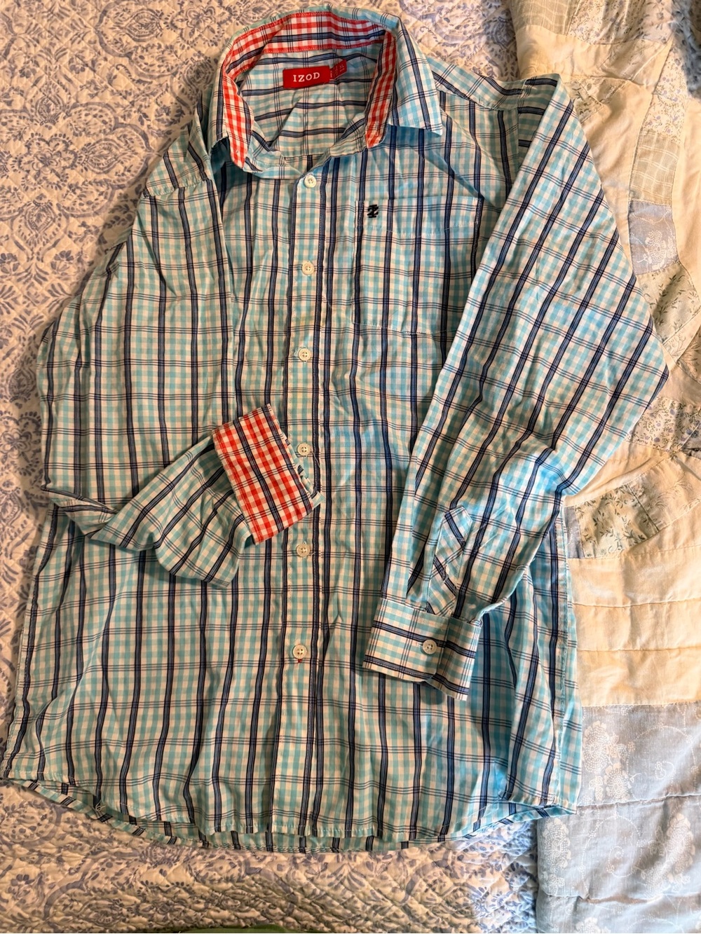 Izod Light Blue Plaid Button-Down Shirt Jacket with Red Trim